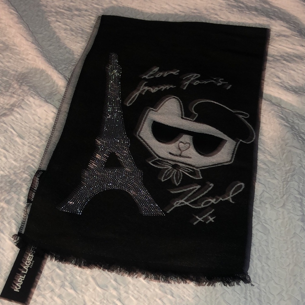 Karl Lagerfeld Black & Gray Rectangular Scarf Studded Eiffel Tower & Choupette